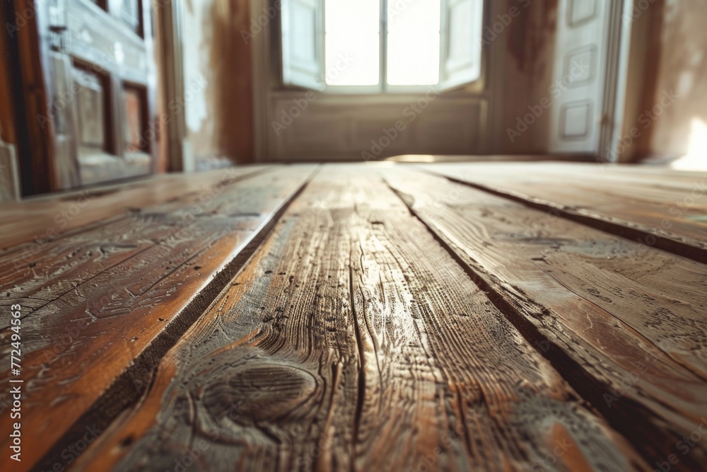 Poster a wooden floor with a window in the background. ideal for interior design concepts