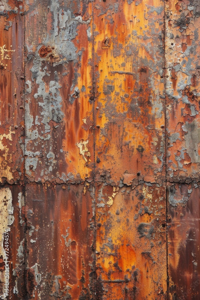 Sticker A close-up view of a rusted metal surface with peeling paint. Suitable for industrial backgrounds