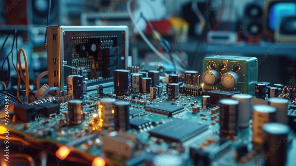 Poster detailed view of various electronic parts on a table, suitable for technology projects