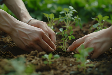 a couple's hands planting seeds together in a garden