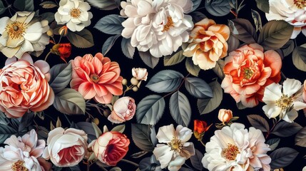 Vintage bouquet of beautiful flowers on black. Floral background. Baroque old fashion style. Natural pattern wallpaper or greeting card
