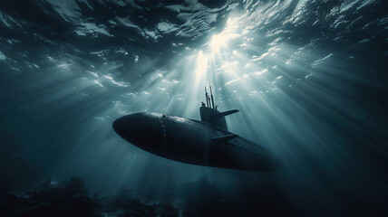 A combat submarine plunges into the ocean depths on a military mission, a play of light underwater. 