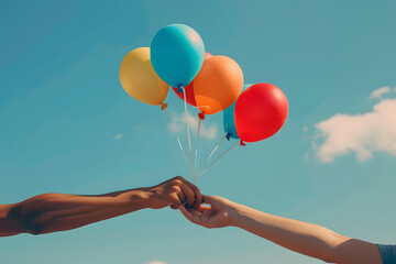 a couple's hands releasing colorful balloons into the sky
