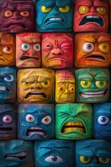 A variety of colorful faces displayed on a wall. Ideal for interior design projects