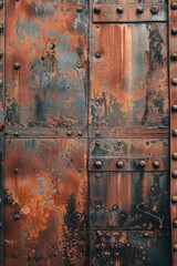 A weathered metal door with rivets, suitable for industrial concepts