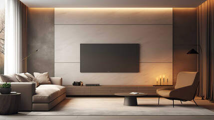 8K TV Room modern minimalist living room with flat TV ,Modern and minimalist living room with 8K TV flat screen wall-mounted. Modern armchair , Generate AI