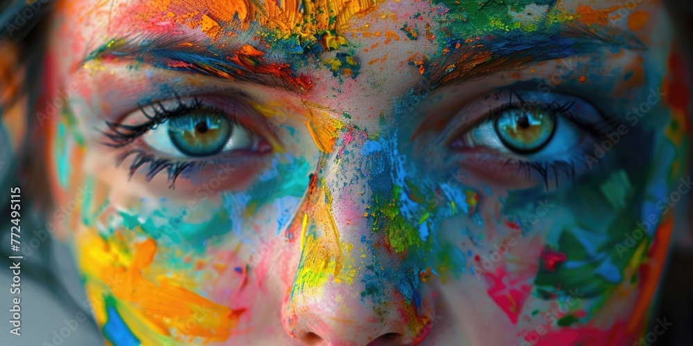 Poster Close up of a person with colorful paint on their face. Suitable for artistic and creative concepts