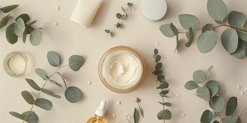A jar of cream surrounded by eucalyptus leaves and candles. Ideal for beauty and spa concepts