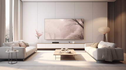 8K TV Room modern minimalist living room with flat TV ,Modern and minimalist living room with 8K TV flat screen wall-mounted. Modern armchair , Generate AI - obrazy, fototapety, plakaty