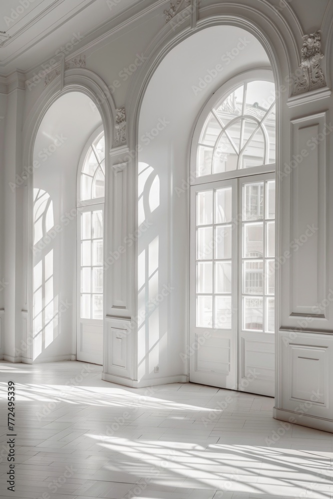 Poster a simple interior with arched windows, suitable for various design projects