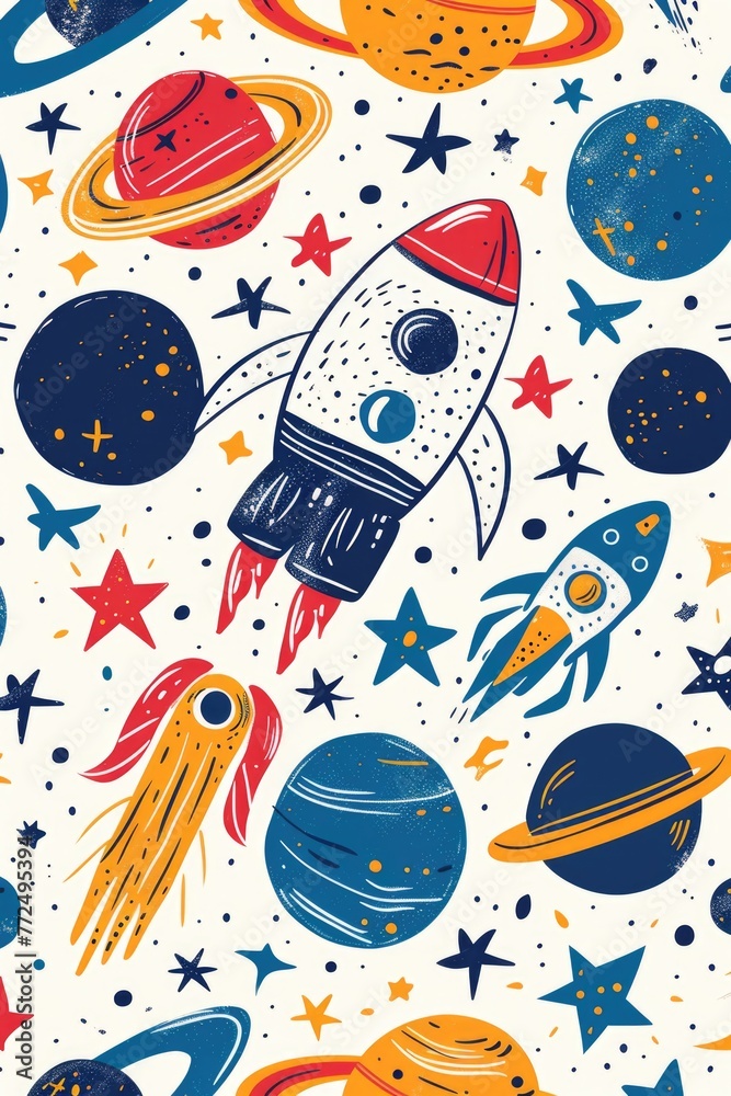 Poster a pattern featuring a rocket and planets, perfect for space-themed designs