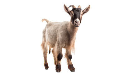 A goat confidently stands on a white background, showcasing its dignified presence
