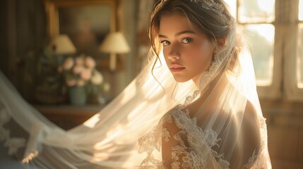 Fototapeta premium Beautiful bride in white wedding dress with veil in the rays of sunlight