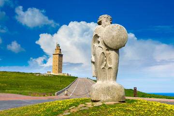 Statue of Breogan, the mythical Celtic king from Galicia and mythological father of the Galician nation located near the Tower of Hercules, A Coruna, Galicia, Spain