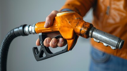 A fuel nozzle is held against a white background