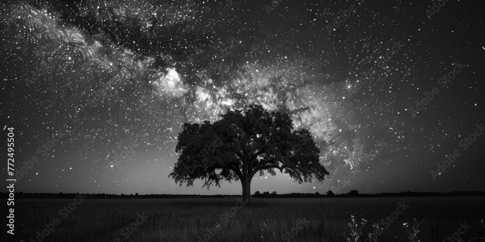 Poster a black and white photo of a tree in a field. suitable for nature and landscape themes