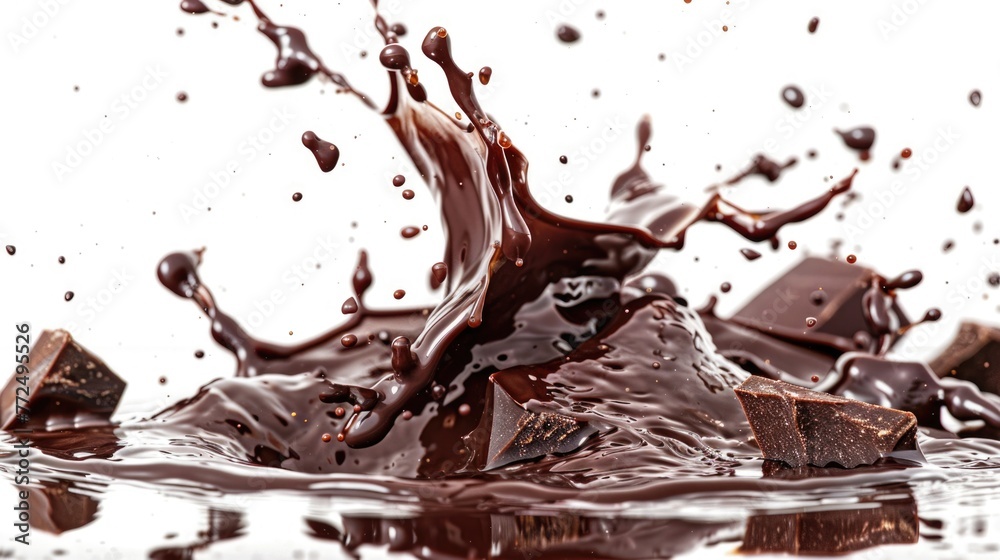 Poster a splash of chocolate on top of a pile of chocolate. suitable for food and dessert concepts