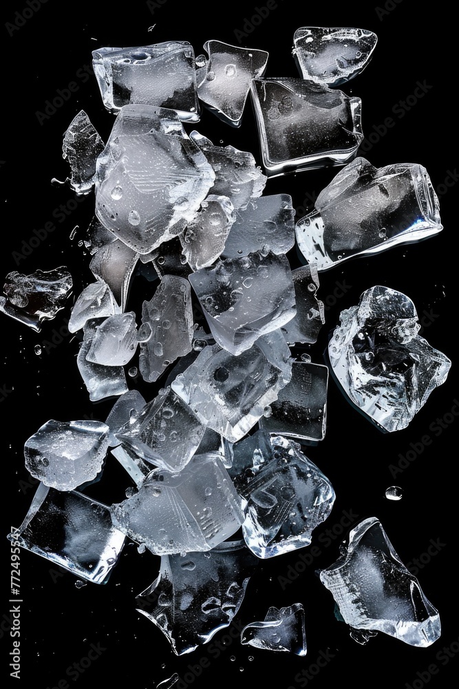 Poster a pile of ice cubes on a black surface. perfect for cooling concepts