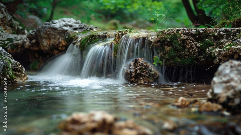 Aufkleber a serene image of a small waterfall flowing over rocks in a peaceful forest setting. suitable for na