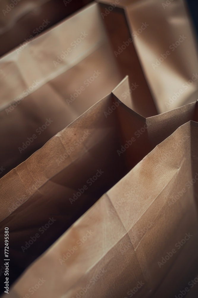 Poster several brown paper bags arranged neatly on a table. suitable for packaging and recycling concepts