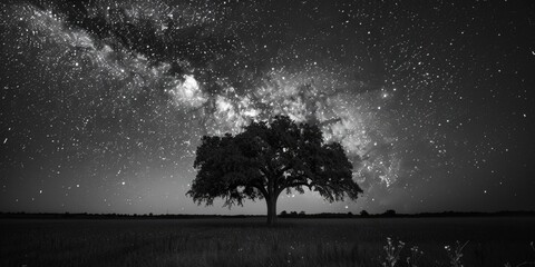 A black and white photo of a tree in a field. Suitable for nature and landscape themes