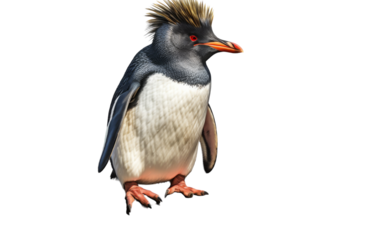 A penguin with a punk-inspired mohawk on its head stands out among the crowd