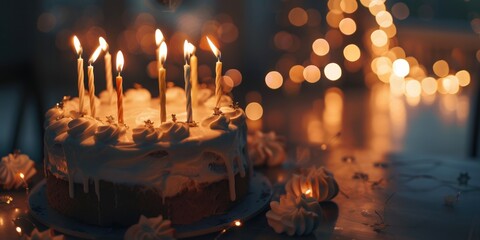A festive birthday cake with glowing candles, perfect for celebratory occasions
