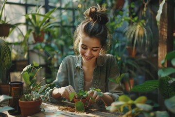 Obraz premium A woman smiling while planting a plant in a pot. Suitable for gardening and lifestyle concepts