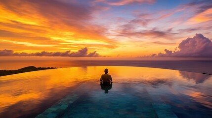 Naklejka premium A man was swimming in an infinity pool during sunset time. The pool was located high in elevation