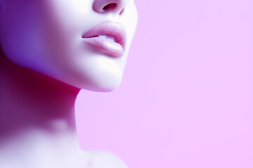 Close up portrait, female model with natural make up, woman's face, jaw. Minimal concept of cosmetic industry poster or ad, skin care, style and beauty. Pastel pink color background with copy space