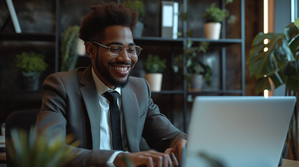 Young handsome businessman using laptop at his office desk. 
