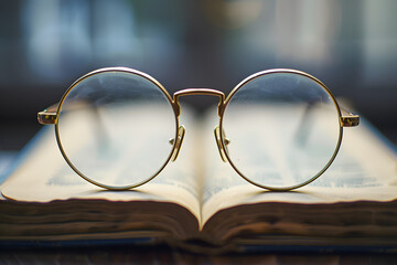 a pair of old-fashioned eyeglasses resting on a book - obrazy, fototapety, plakaty