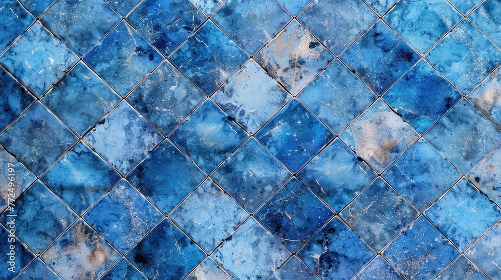 Poster a tiled floor with a blue and white pattern. suitable for interior design concepts