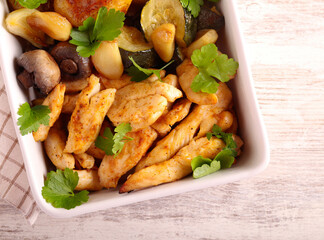 Roast turkey breast strips with mushrooms and zucchini