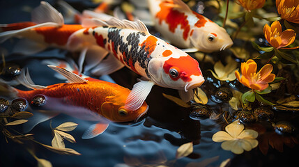 Obraz na płótnie Canvas a group of koi fish in a large and clear pond, colorful, very beautiful, real, long-tailed and beautiful fish , Generate AI