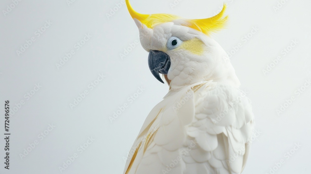 Poster a detailed view of a white bird with yellow feathers. suitable for various nature themes
