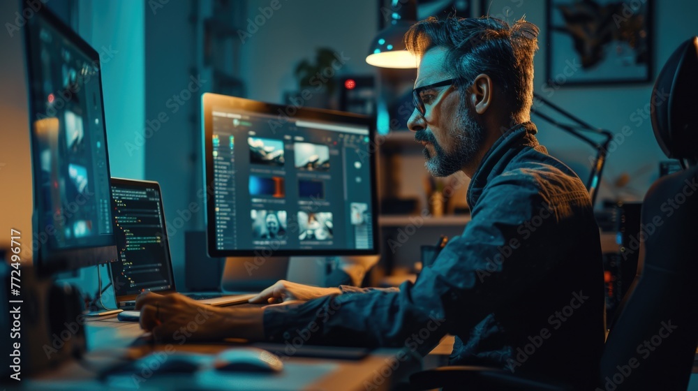Poster A man sitting in front of a computer monitor. Suitable for business and technology concepts