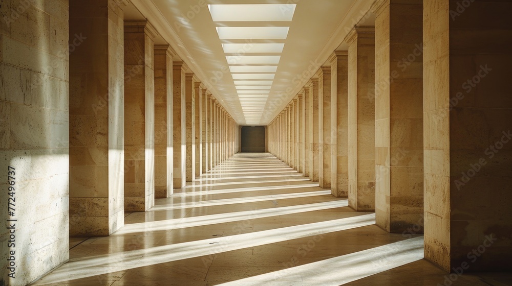 Poster A long hallway with elegant columns and a skylight, suitable for architectural and interior design concepts