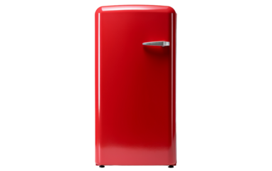 A vibrant red refrigerator freezer perched atop a pristine white wall