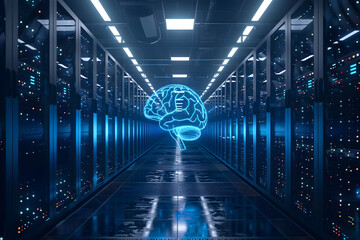 A modern technology data center server room with brain icon and telecommunication services. - obrazy, fototapety, plakaty