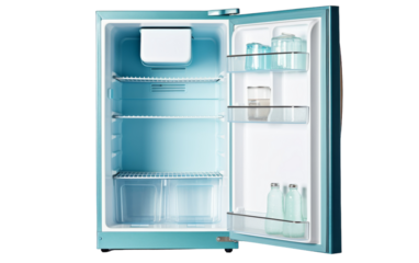 An open refrigerator door against a white background