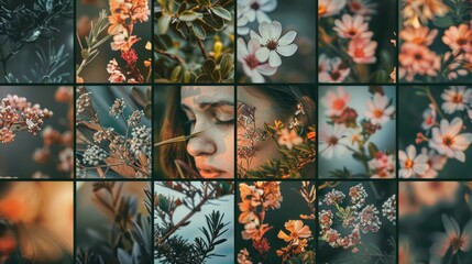A collection of photos featuring a woman surrounded by various flowers. Perfect for spring or nature-themed designs