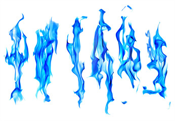 six bright sparks of blue flames on white