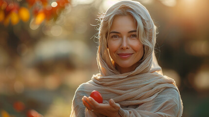 Christian woman with red Easter egg. Mary Magdalene. For Easter Christian publications