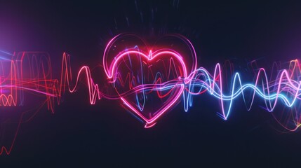 Heart rate. Neon heart with rhythm. - obrazy, fototapety, plakaty