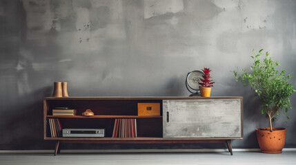 A nostalgic retro living room with a TV on a cabinet and book shelves in front of a textured ruined gray plaster wall  , Generate AI - obrazy, fototapety, plakaty