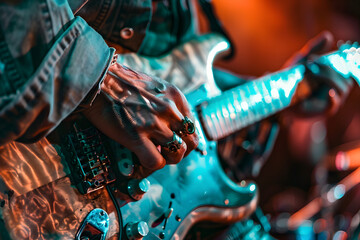 a musician's hands playing a guitar