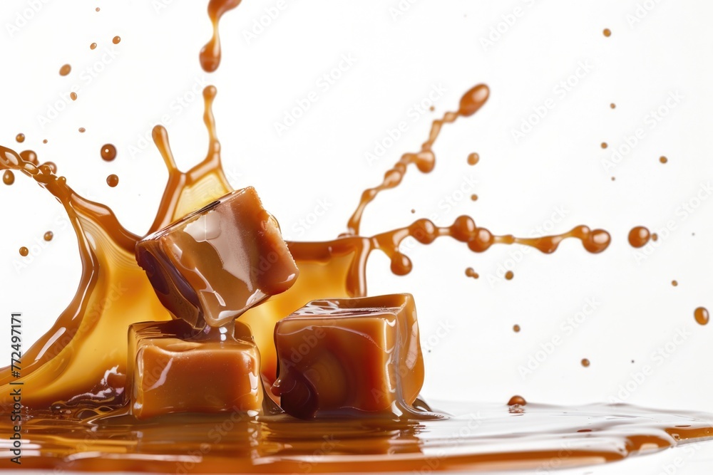 Poster caramel and ice cubes splashing on a white surface, perfect for food and beverage concepts