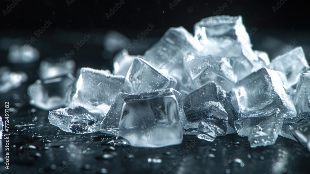 Poster a pile of ice sitting on top of a table. suitable for various uses