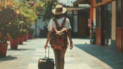 A woman walking down a sidewalk with a suitcase. Suitable for travel concept